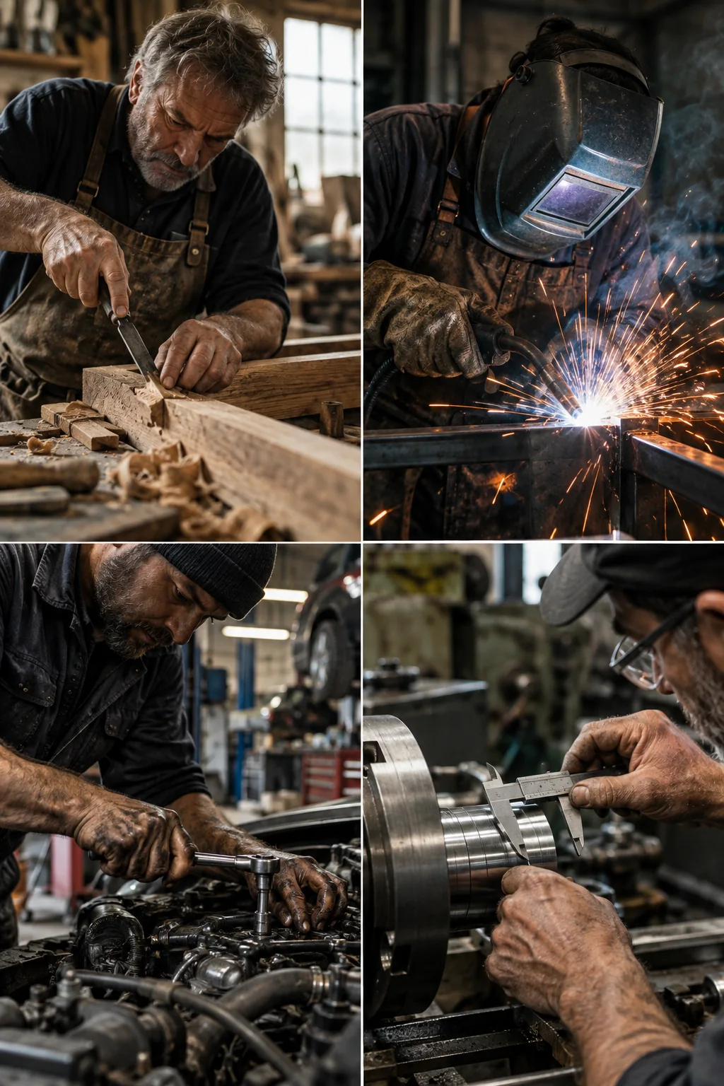 AI-generated editorial collage illustrating skilled trades