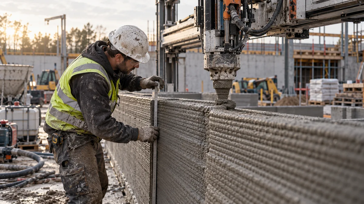 AI-generated editorial illustration of a construction worker checking a layered concrete wall beside a large-scale concrete 3D-printing nozzle.