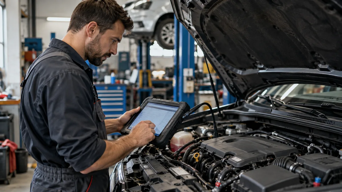 AI-generated editorial illustration of a mechanic using a diagnostic tablet beside an open vehicle engine bay.