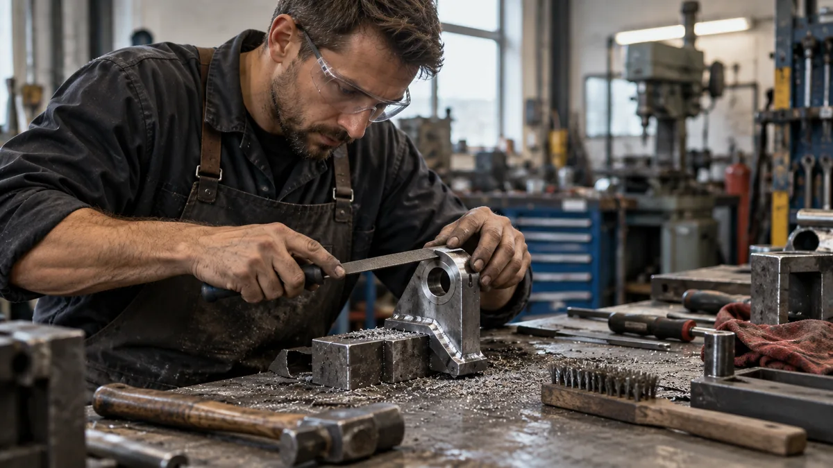 AI-generated editorial illustration of a metalworker hand-filing a steel bracket at a used workshop bench.