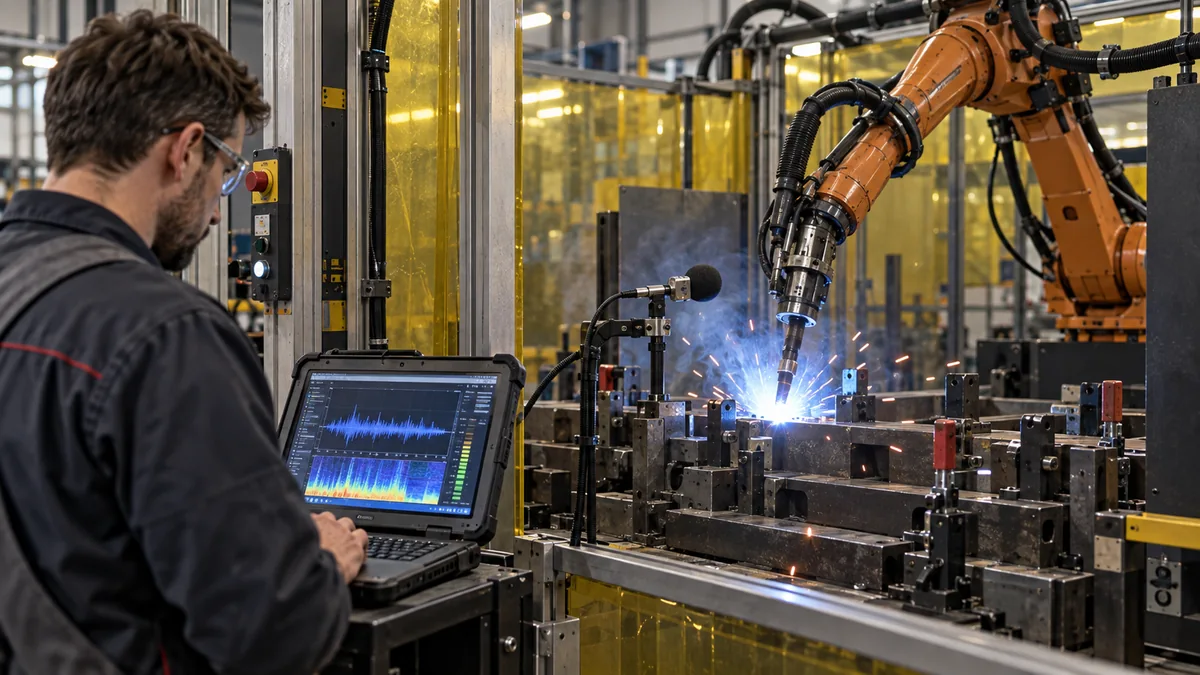 AI-generated editorial illustration of a robotically welded joint with an acoustic microphone and monitoring laptop; not project photography