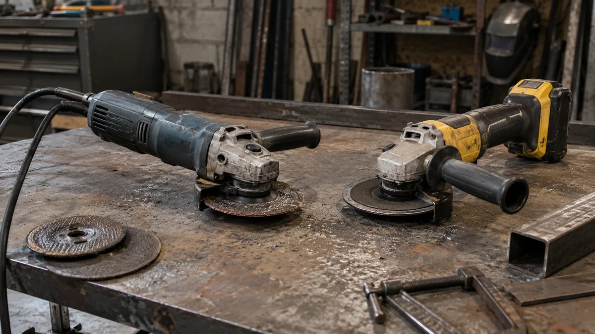 AI-generated editorial illustration of a corded and a battery-powered angle grinder on a used metalwork bench.