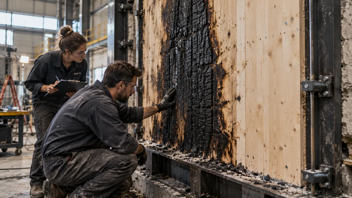 AI-generated editorial illustration of a timber wall panel after a fire-exposure test; not a photograph of the particular research system or its certification test.