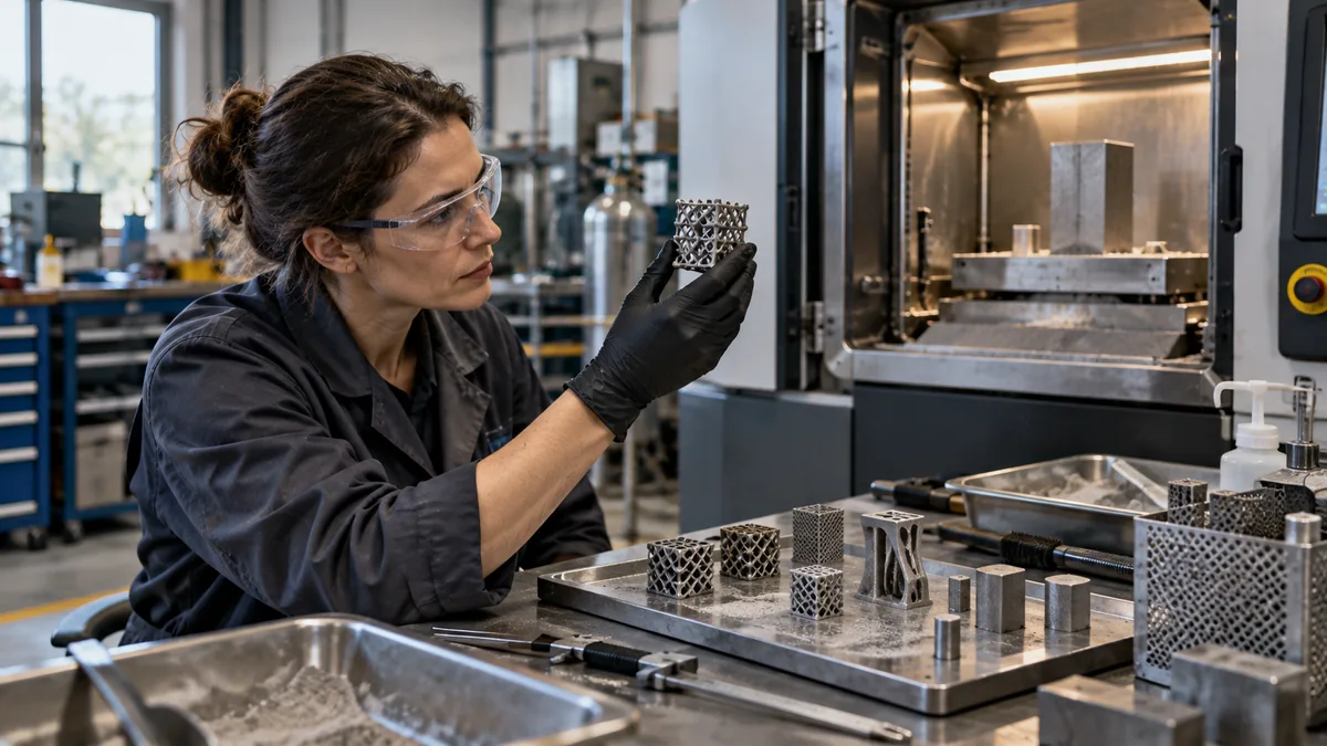 AI-generated editorial illustration of a materials specialist inspecting metal 3D-printed lattice specimens beside an additive manufacturing machine; not a photograph of the NIST experiment.