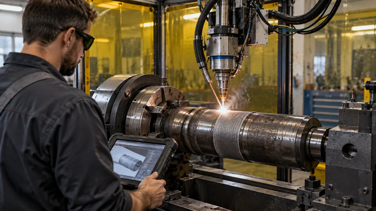 AI-generated editorial illustration of a laser-based wire deposition head working on a metal shaft in an industrial cell; not a photograph of the reported Fraunhofer development.