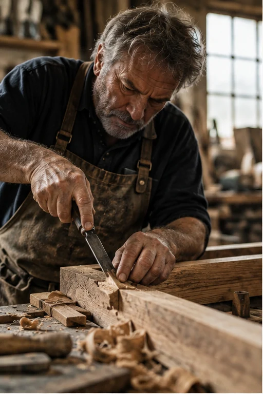 AI-generated editorial illustration of woodworker at work